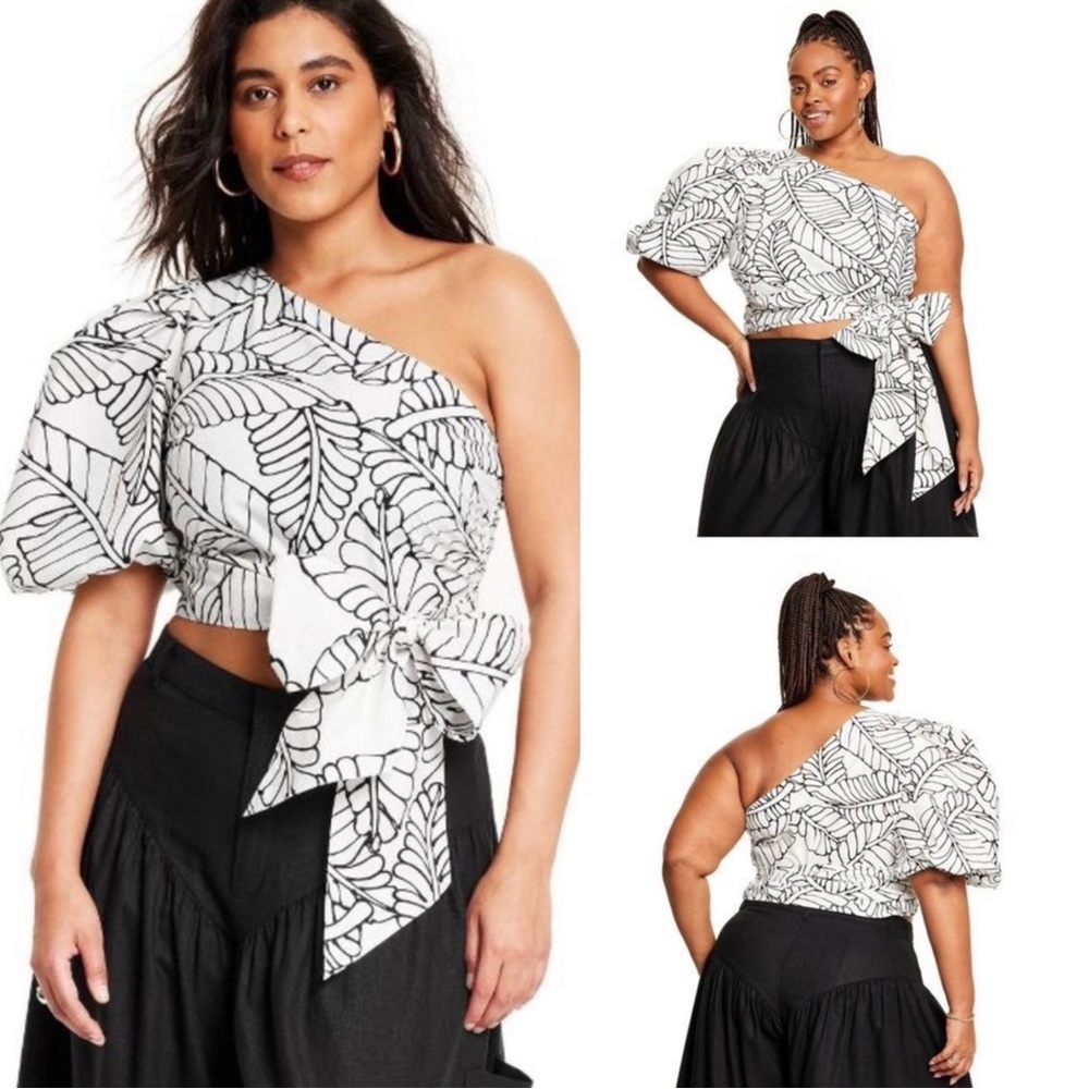 Sketch Palm Leaf Print Wrap Tie One Shoulder Top